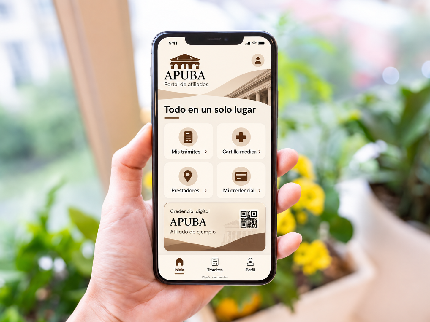 Propuesta APUBA en crema, marrón y negro: trámites, cartilla médica, prestadores y credencial digital